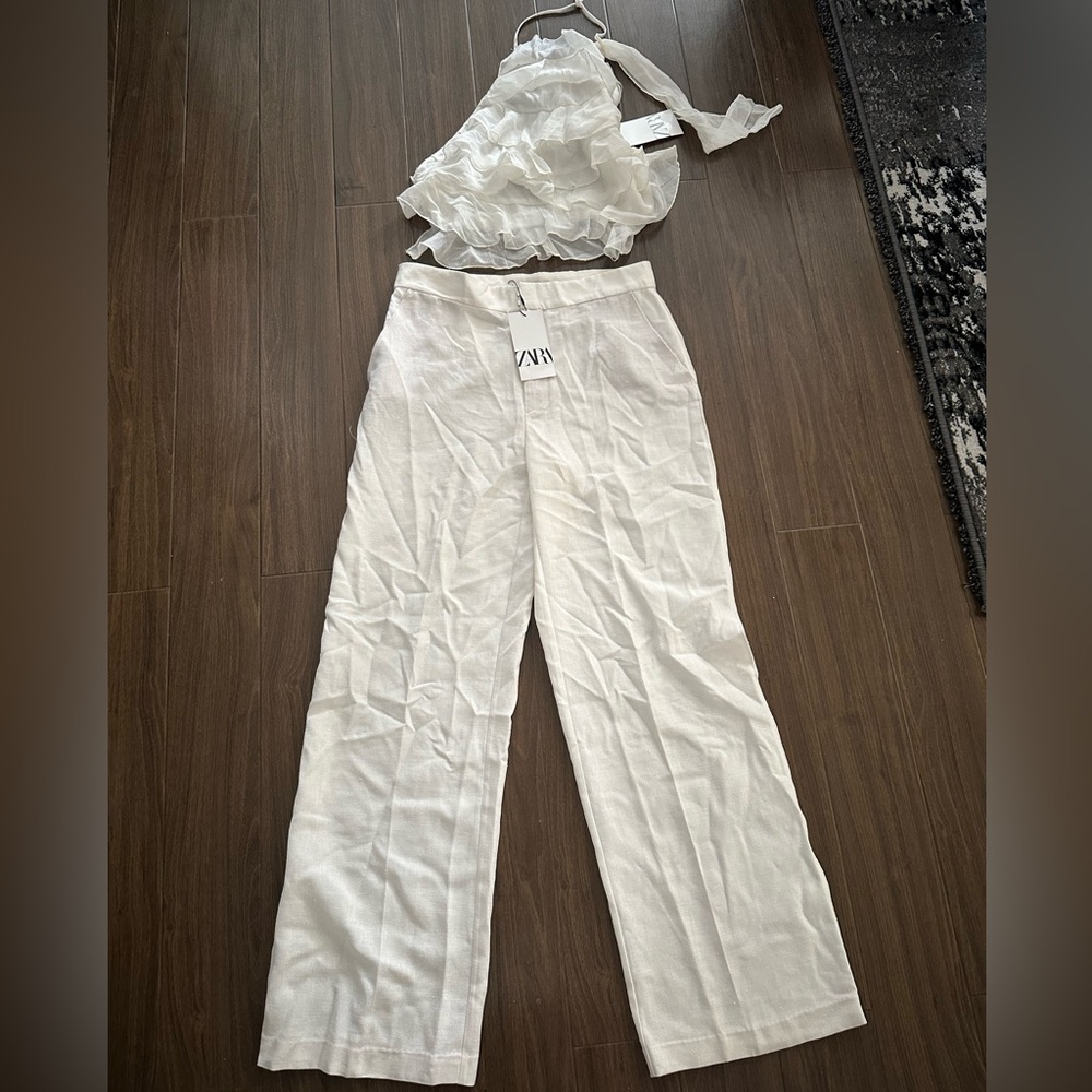 Zara linen White Wide-Leg pant set